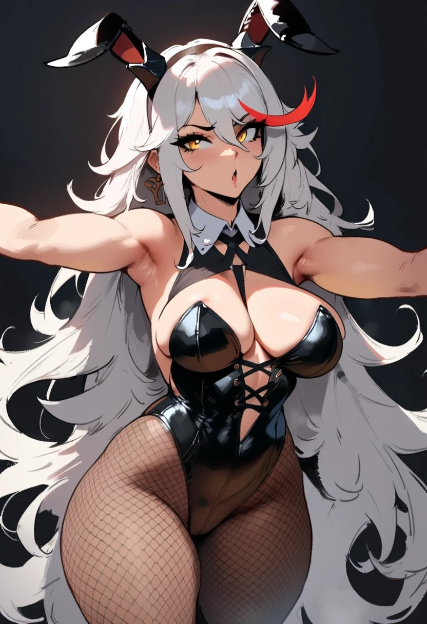 1girl, aegir \(azur lane\), azur lane \\\\\ masterpiece, best quality, very aesthetic, absurdres, newest \\\\\\ sportive body, \\\\\\ by nyantcha,,by cutesexyrobutts,by khyle ///// white hair with a single prominent red streak, black horns, yellow eyes, \\\\\\ bunnysuit without bunny ears,white background,standing, fishnet pantyhose,