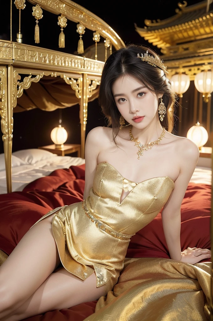 (((best quality))),(((ultra detailed))),(((masterpiece))),illustration,1 girl,solo,slim,thin,shoulder length straight bob hair,earrings,necklace,small breasts,flat chest,slender legs,high heels,Asian appearance,princess,royal,Chinese palace,night scene,magnificent dragon gown,golden crown,intricate embroidery,luxurious fabric,precious stones,(sitting on the metallic bed:1.3),(arms behind back:1.3),decorative patterns,rich decorations,luxurious furnishings,regal charm,beautiful face,gentle smile,bright eyes,historical,traditional,city lights,modernity,frozen moment,beauty of the past,evolution of time,(from front:1.3),(spread legs apart:1.3),(upper body:1.2)