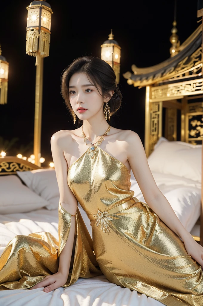 (((best quality))),(((ultra detailed))),(((masterpiece))),illustration,1 girl,solo,slim,thin,shoulder length straight bob hair,earrings,necklace,small breasts,flat chest,slender legs,high heels,Asian appearance,princess,royal,Chinese palace,night scene,magnificent dragon gown,golden crown,intricate embroidery,luxurious fabric,precious stones,(sitting on the metallic bed:1.3),(arms behind back:1.3),decorative patterns,rich decorations,luxurious furnishings,regal charm,beautiful face,gentle smile,bright eyes,historical,traditional,city lights,modernity,frozen moment,beauty of the past,evolution of time,(from front:1.3),(spread legs apart:1.3),(upper body:1.2)