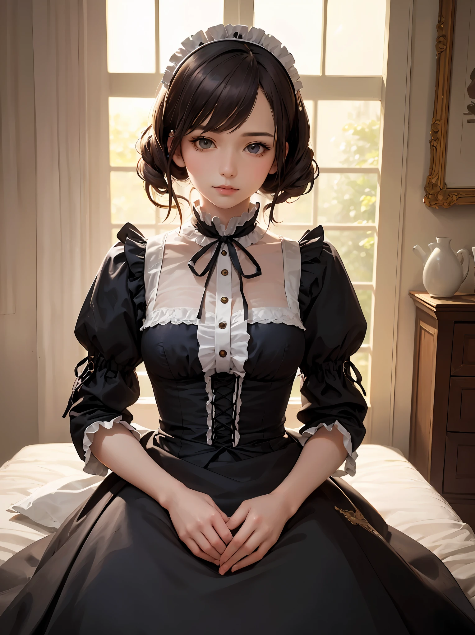 (Highest quality、16K、masterpiece、Ultra-high resolution、Victorian era、Photorealistic:1.2)、Maid Girl、solo、One person、Beautiful and detailed、2020Perfectly detailed illustrations created by a master anime illustrator of the 20th century、Tsundere、Heroine's Attributes、Artistic shading、Perfect Face、Detailed portrait、