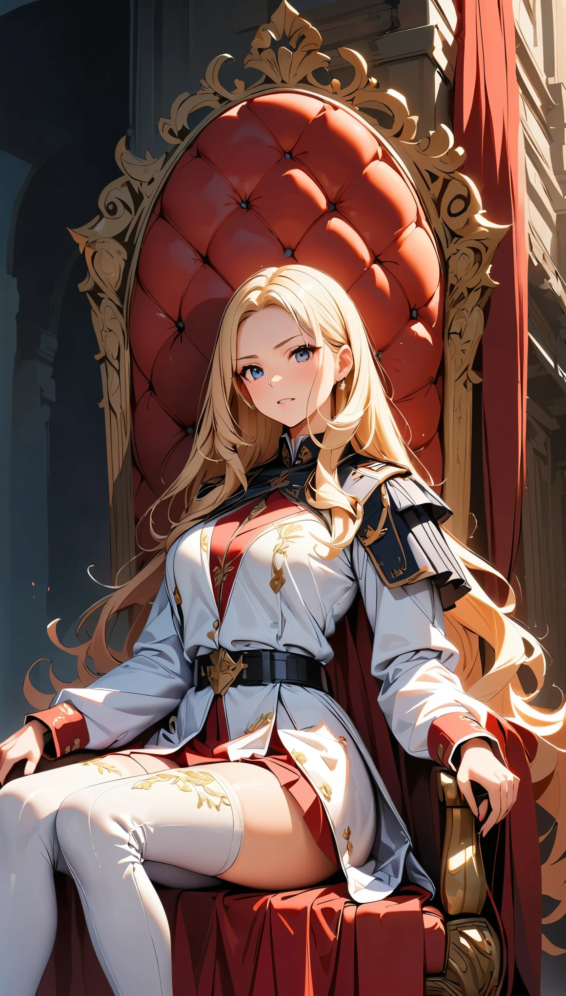 Symbol of power, Queen of Thrones, 1 female, Woman in military uniform, White bodysuit, Knee-high boots, Detailed equipment, Belt-mounted devices, Very high quality weapon representation,, Glare, Blonde long hair, Flowing Hair, shout, Threatening, ambition, Sit in a luxurious chair, Curtain of the Sky, Very delicate decoration, Red interior, Tapestry hanging on the wall, Light shines in, Dark Color Palette, (Highest quality:1.2, Very detailed, up to date, Vibrant, Ultra-high resolution, High Contrast, masterpiece:1.2, Highest quality, Best aesthetics), 