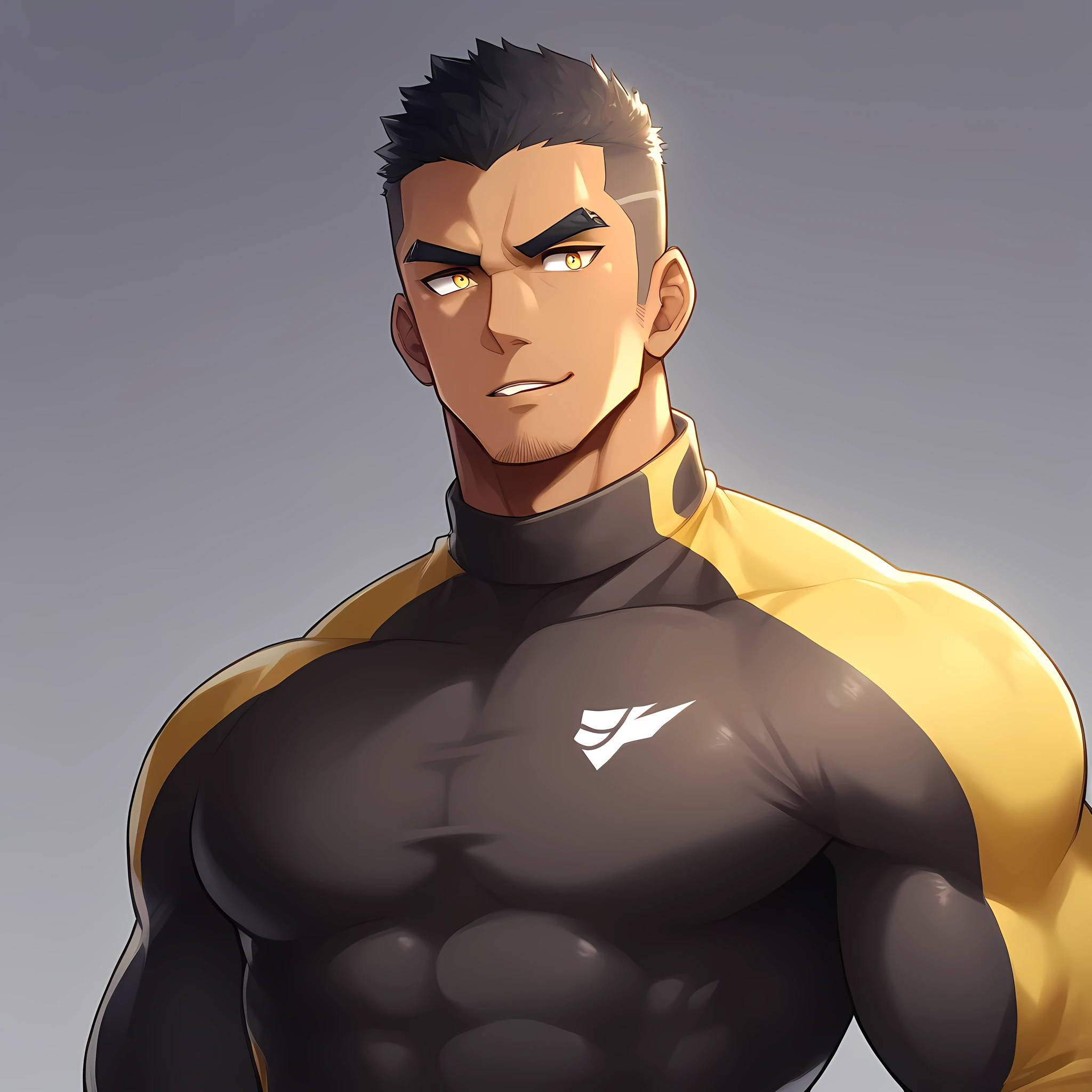 anime characters:Gyee, Muscle Sports Student, negro black skin, 1 dark skin muscular tough guy, Manliness, male focus, Light yellow high collar long sleeve tight T-shirt, Slightly transparent material, Very tight, Round, full and perky chest muscles, Slightly transparent, muscular male, muscular, only, Upper body, alone, Black short hair, Thick eyebrows, stubble, Yellow eyes, Grey background, simple background, amazing quality, best aesthetics, Ridiculous, bright pupils, crew cut, parted lips, seductive smile, torogao, naughty face, drop shadow, best quality