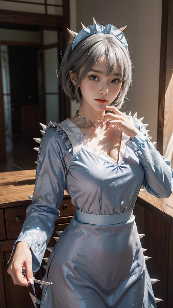 ((16 Nights Sakiya)), ((Touhou Project)), Cosplay, 20-year-old woman, (((gray hair)), ((medium spiky hair)), ((blue maid outfit)), ((white blouse)), midchest, (light)))), (pose))), (photorealistic photo: 1.3), rim lighting, (high detail skin:1.2), 8K UHD, dslr, high quality, high resolution, 4K, 8K, Bokeh, Absurdity, Best ratio four fingers and one thumb, (Real:1.3), Cutest 1 Girl, Lots of Knives