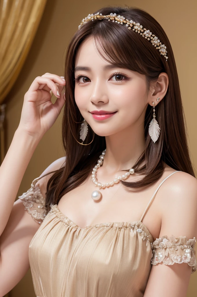 (8k, RAW photo, best quality, masterpiece:1.2),(High detail RAW color photo professional close photograph),(realistic, photo-realistic:1.37),(best shadow),(best illustration), (ultra high res,extremely detailed CG unity 8k wallpaper),(physically-based rendering),(cinematic lighting), (upper body portrait), sanachan, twicesana, 1Scientist, 1girl, solo, jewelry, wink, smile, brown hair, earrings, feathers And pearls top, 