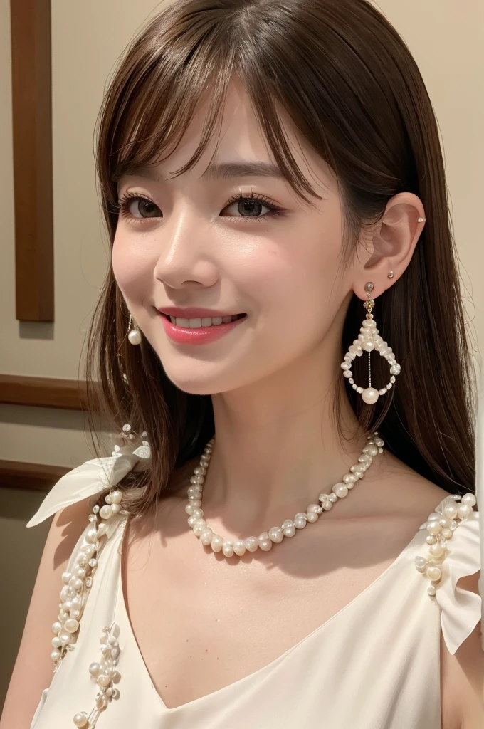 (8k, RAW photo, best quality, masterpiece:1.2),(High detail RAW color photo professional close photograph),(realistic, photo-realistic:1.37),(best shadow),(best illustration), (ultra high res,extremely detailed CG unity 8k wallpaper),(physically-based rendering),(cinematic lighting), (upper body portrait), sanachan, twicesana, 1Scientist, 1girl, solo, jewelry, wink, smile, brown hair, earrings, feathers And pearls top,