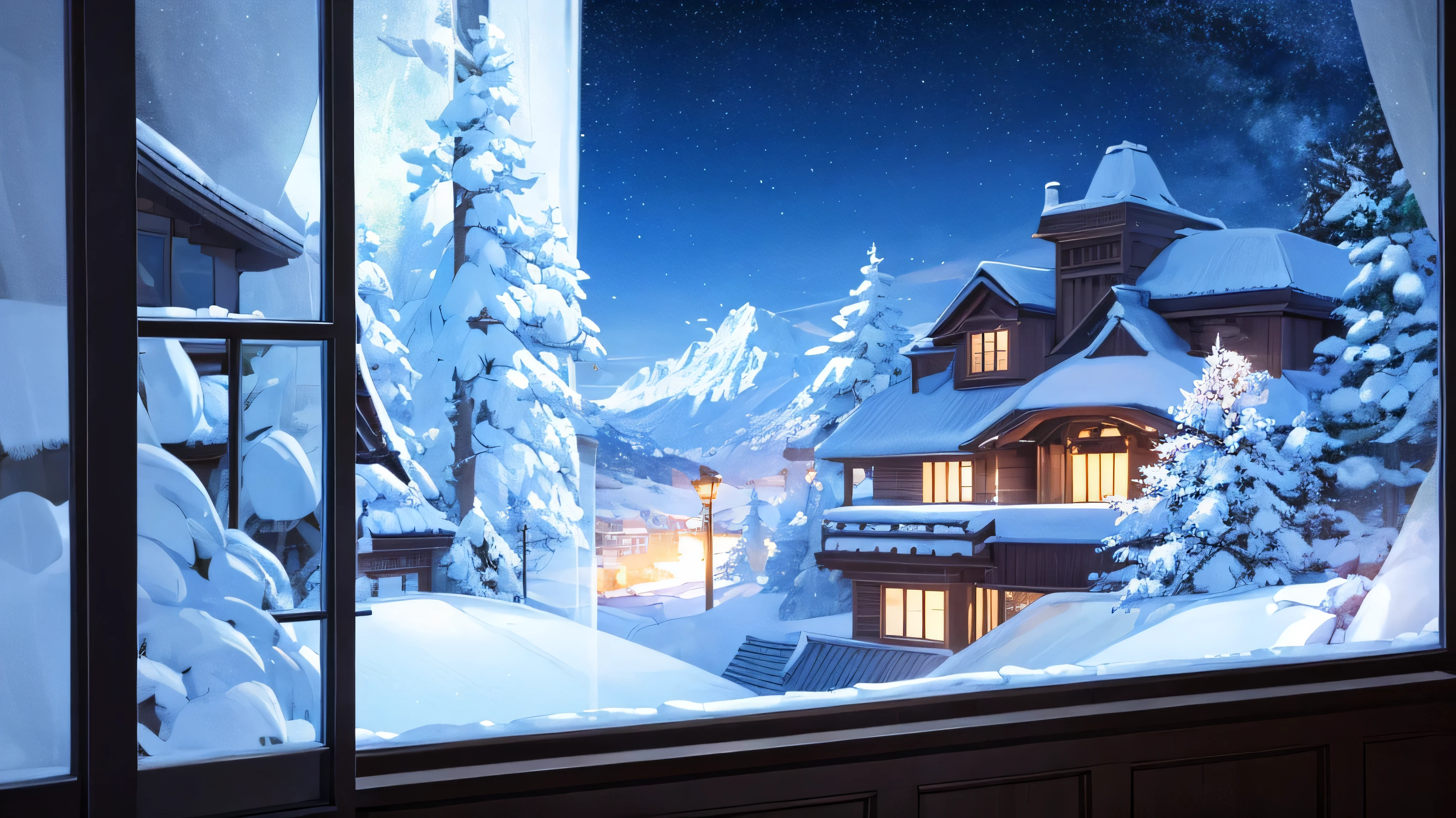 Snowy mountains, silence, night sky, Milky Way, villa, lights in villa window
