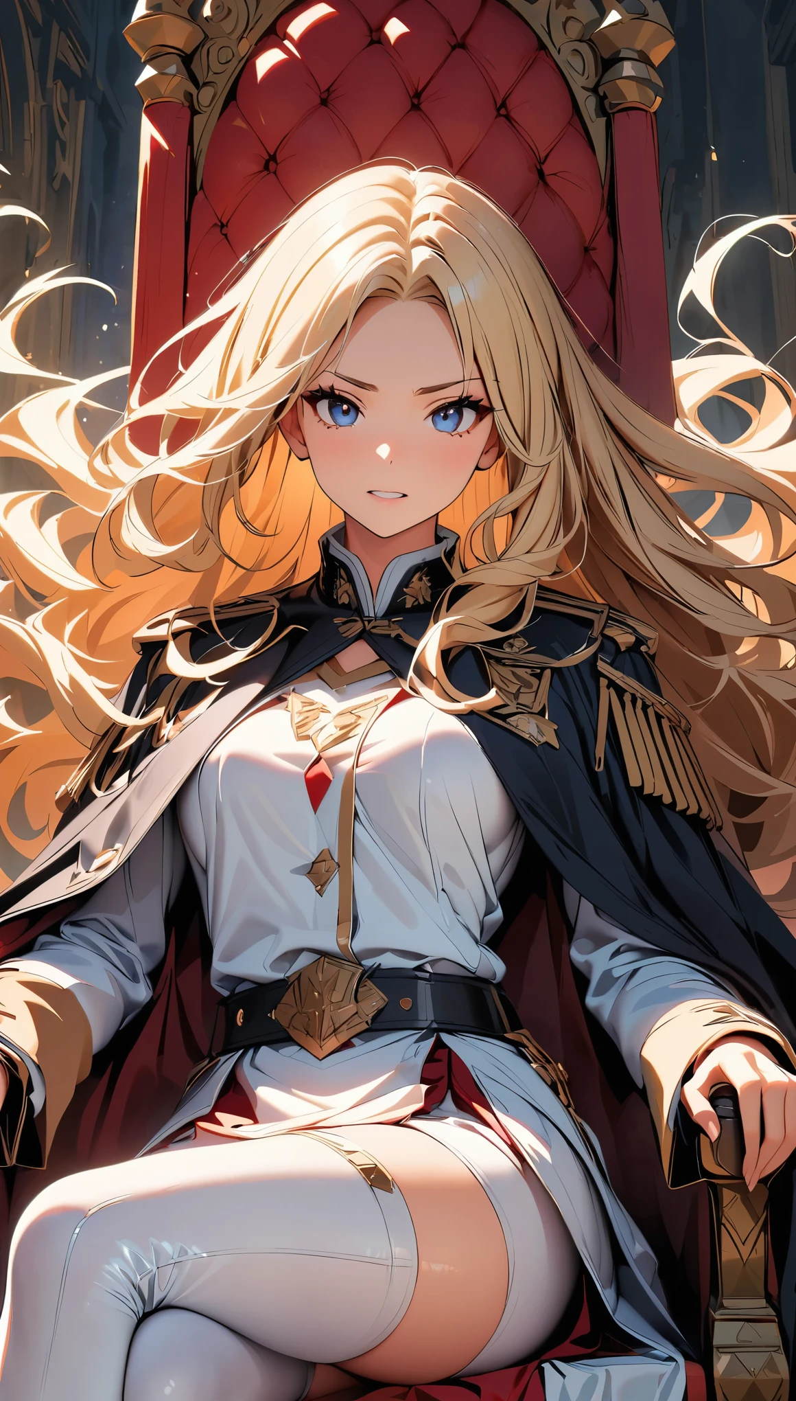 Symbol of power, Queen of Thrones, 1 female, Woman in military uniform, White bodysuit, Knee-high boots, Detailed equipment, Belt-mounted devices, Very high quality weapon representation,, Glare, Blonde long hair, Flowing Hair, shout, Threatening, ambition, Sit in a luxurious chair, Curtain of the Sky, Very delicate decoration, Red interior, Tapestry hanging on the wall, Light shines in, Dark Color Palette, (Highest quality:1.2, Very detailed, up to date, Vibrant, Ultra-high resolution, High Contrast, masterpiece:1.2, Highest quality, Best aesthetics),