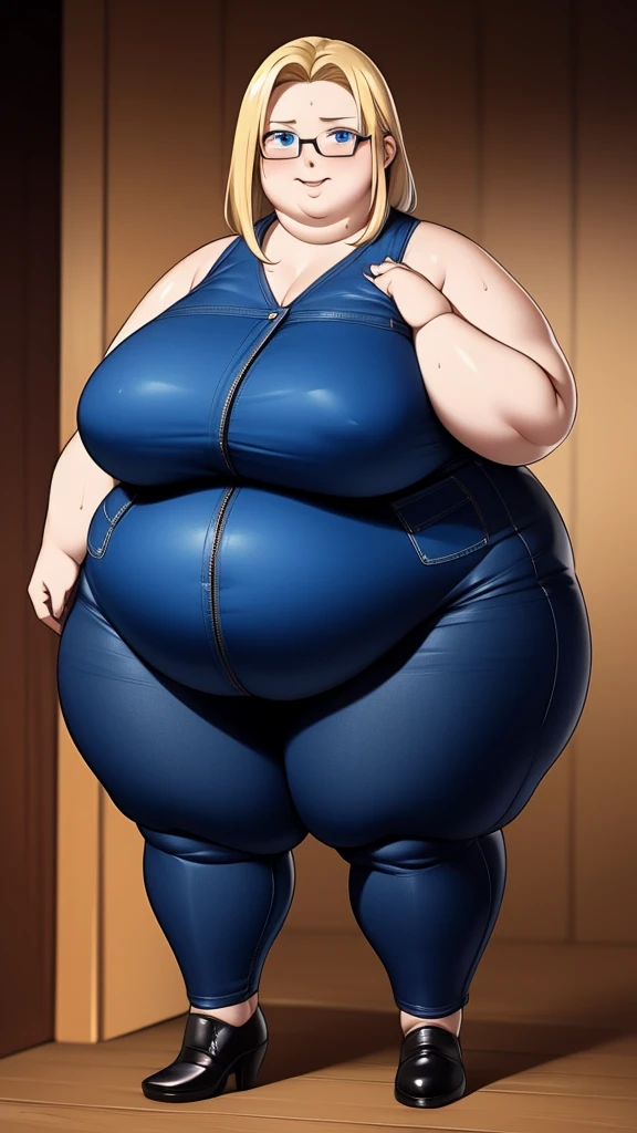 Anime Women, Lady、Detailed face、Forehead、Blonde、Center parted hair、Waist-length hair、Glasses、Winning spirit、Blue eyes、Are fat、Chubby、Voluptuous、obesity、Double chin、cheek、Fatty neck、Big Breasts、Saggy breasts、Thick upper arms、thick fingers、Fat belly、Flabby belly、Thick legs、Fat all over the body、Large、Denim jumpsuit、Bodysuits、Sweaty、shame