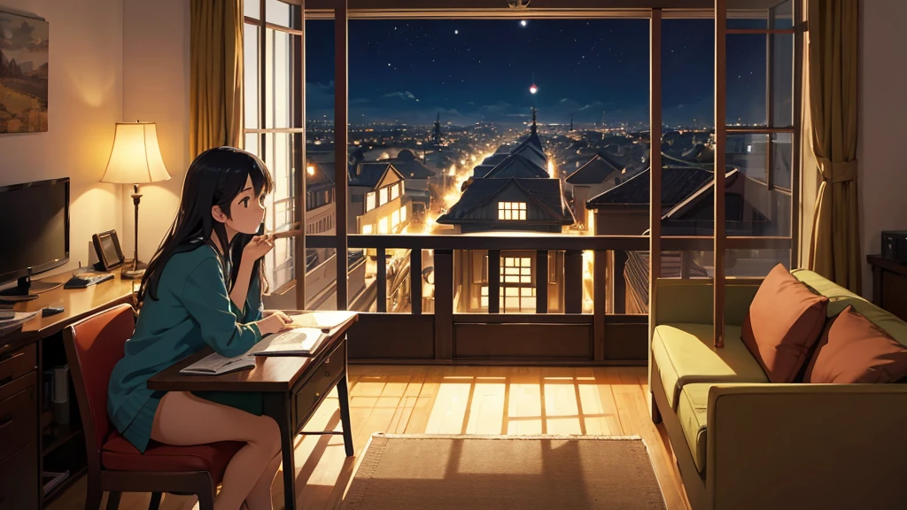 Ghibli style, A girl studying alone at a desk,Beauty, Night view from the room, A dreamy look outside the window, Cute girl in anime style, Relax in your room, A room filled with warm light