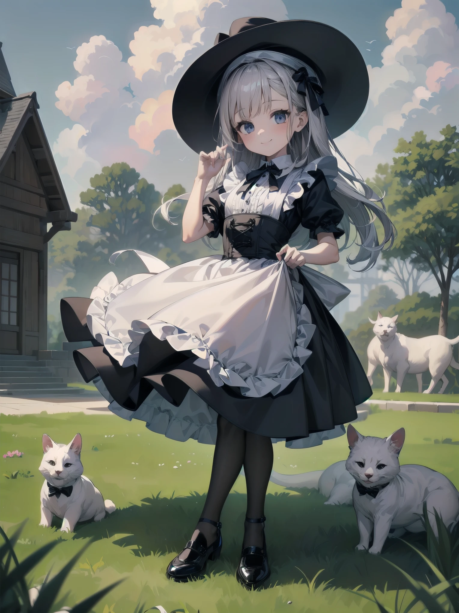 ((Very fine, Very fine CG Unity 8k Wallpaper, High Resolution, Absurd, Beautiful fine details, Very fine hair)), ((Masterpiece)), Outdoors, Sky, Clouds, Grass, ((Beautiful fine details)), Fashionable, One Girl, A  smiling under the stars, a toddler wearing a maid hat with ruby accessories, she is wearing a white and black gothic maid dress with navy blue ribbon. Black stockings, black shoes, cute, super cute toddler maid