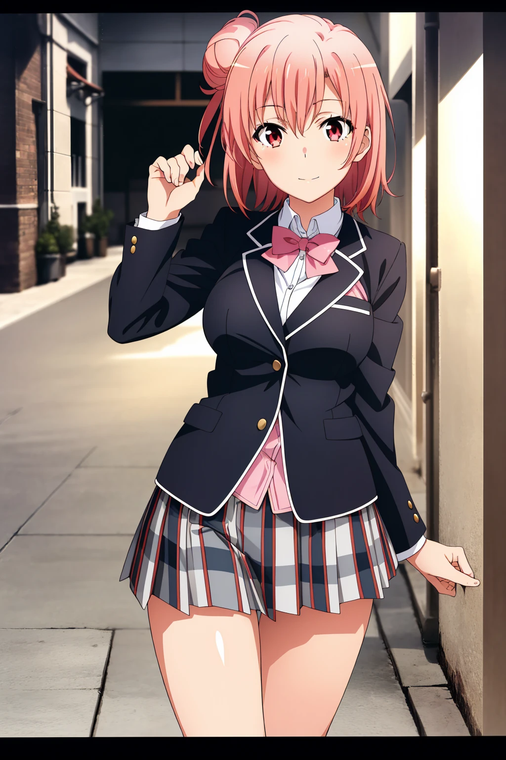 highest quality, High resolution, perfect pixel, Depth of the bounds written, 4k, beautiful anime girl, perfect body, 
looking at the viewer, 
Yuigahama Yui, 1 girl, short hair, pink hair, hair bun, 
large breast, 
blazer, kilt skirt, 
cowboy shot, 