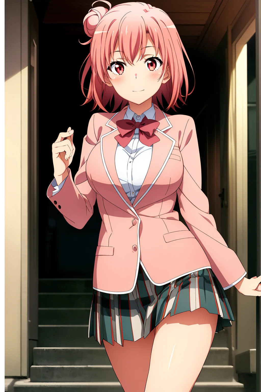 highest quality, High resolution, perfect pixel, Depth of the bounds written, 4k, beautiful anime girl, perfect body,
looking at the viewer,
Yuigahama Yui, 1 girl, short hair, pink hair, hair bun,
large breast,
blazer, kilt skirt,
cowboy shot,