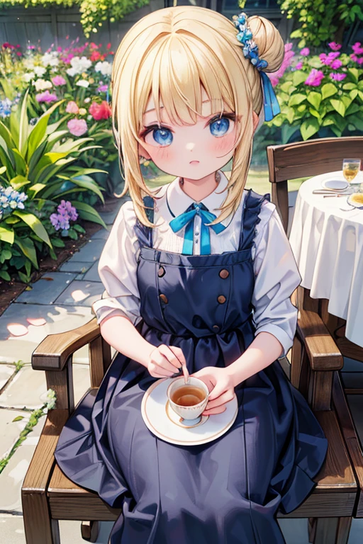 (8K, Highest quality, tableトップ:1.2)、Ultra-high resolution、, Perfect Fingers, Detailed face, blue eyes, Blonde, half updo, Blue Apron Dress, garden, flower bed, (table:1.5), tea , Tea cup, cake, Sit on a chair