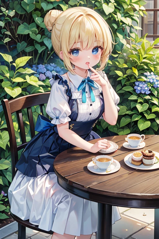 (8K, Highest quality, tableトップ:1.2)、Ultra-high resolution、, Perfect Fingers, Detailed face, blue eyes, Blonde, half updo, Blue Apron Dress, garden, flower bed, (table:1.5), tea , Tea cup, cake, Sit on a chair