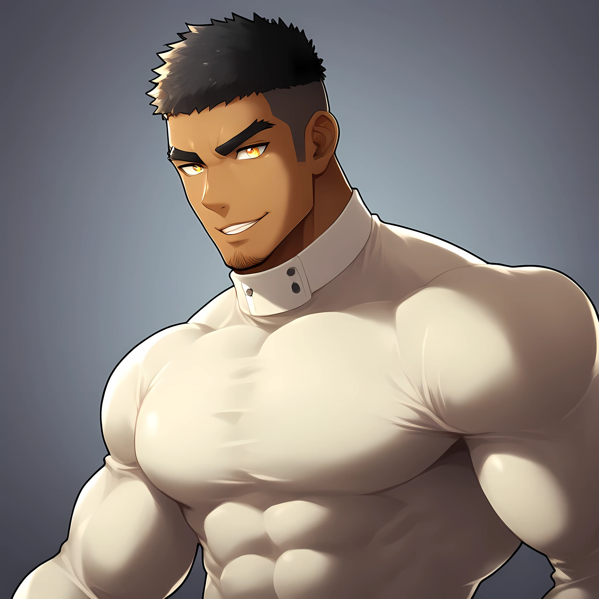anime characters:Gyee, Muscle Sports Student, negro black skin, 1 dark skin muscular tough guy, Manliness, male focus, Light yellow high collar long sleeve tight T-shirt, Slightly transparent material, Very tight, Round, full and perky chest muscles, Slightly transparent, muscular male, muscular, only, Upper body, alone, Black short hair, Thick eyebrows, stubble, Yellow eyes, Grey background, simple background, amazing quality, best aesthetics, Ridiculous, bright pupils, crew cut, parted lips, seductive smile, torogao, naughty face, drop shadow, best quality