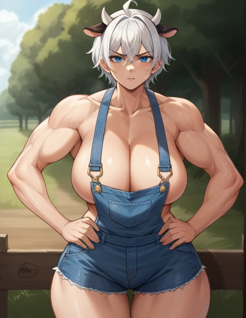 score_9, score_8_up, score_7_up, source_anime,
cowgirl, cow girl, ahoge, white hair, ice blue eyes, short hair, contempt look on face,
cleavage, collarbone, frills, overalls, suspenders ,large breasts, wide hips, milf,
outdoors, farm, cows, in a barn
looking down at viewer, cowboy shot, hands on hips, dynamic pose, cow ears, cow horns, no human ears, no shirt, skimpy clothes, tall, muscular, bulky, milk
