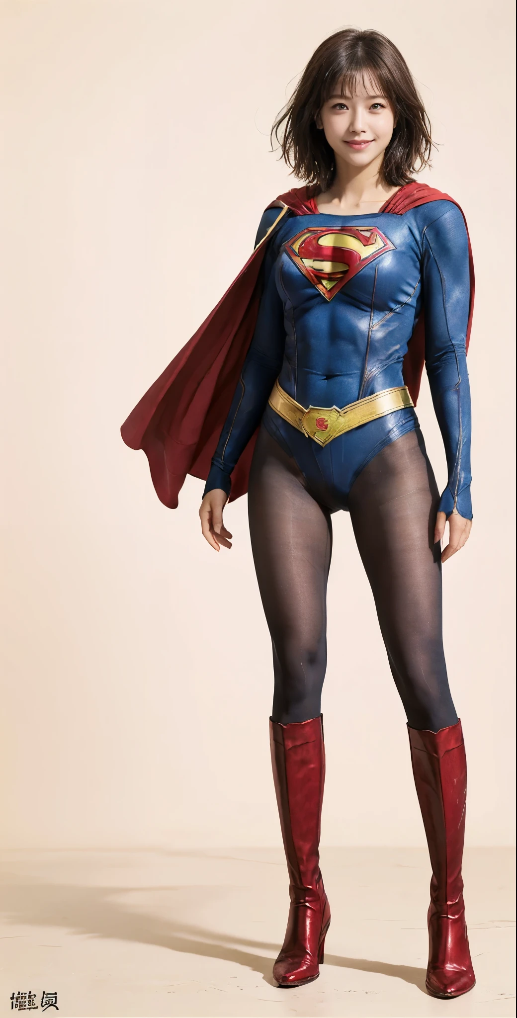 No background、(((Beautiful legs in black tights.)))、(((Legally express the beauty of your smile)))、((((Make the most of your original images)))、(((Supergirl Costume)))、(((Beautiful very short hair)))、(((suffering)))、(((Please wear black tights....、Wear red boots)))、((Best image quality、8K))、((Highest quality、8K、masterpiece:1.3))、(((Preserve background )))、Sharp focus:1.2、Beautiful woman with perfect figure:1.4、Slim Abs:1.2、Wet body:1.5、Highly detailed face and skin texture、8K