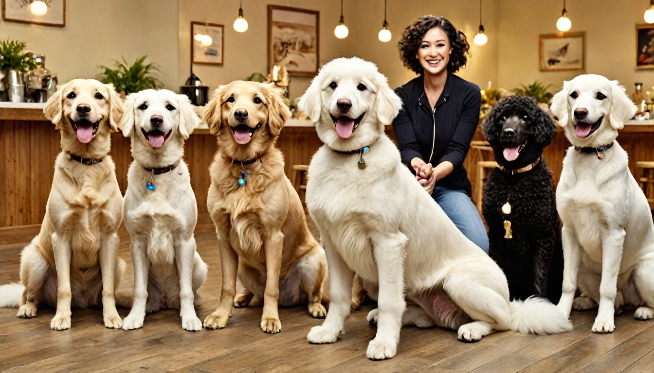 "Inside the cozy 'Wonderful Wanda' dog cafe, a smiling couple enters. They are greeted by exactly seven dogs in a semi-circle, each clearly visible and distinct:
1. Center: A golden Labrador Retriever, sitting with its tail wagging.
2. Left of center: A Rough Collie with a flowing sable and white coat, standing proudly.
3. Right of center: A pure white Standard Poodle in a classic clip, sitting elegantly.
4. Far left: A chocolate brown Standard Poodle, standing with one paw raised.
5. Far right: A Pekingese with a tan and black face, looking up from the floor.
6. Between Labrador and white Poodle: A light brown Toy Poodle, small and fluffy.
7. Behind the group: A white Borzoi, tall and slender, its long nose visible above the others.
The couple kneels, arms outstretched, touching or reaching towards each dog. Each dog's entire body is visible, ensuring all seven are clearly depicted. The cafe's warm lighting illuminates the scene, with the 'Wonderful Wanda' sign prominent on the back wall. Other patrons are visible in the background, smiling at the joyful reunion."