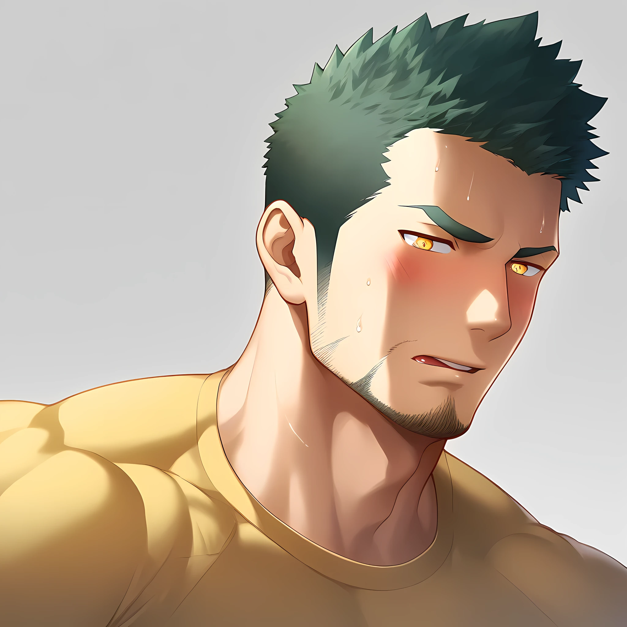 anime characters:Gyee, Priapus,Muscle Sports Student, 1 muscular tough guy, Manliness, male focus, Light yellow high collar long sleeve tight T-shirt, Very tight, The clothes were soaked with sweat, The pectoral muscles are oversized, Slightly transparent, muscular male, muscular, only, Upper body, alone, Black short hair, Thick eyebrows, stubble, Yellow eyes, Grey background, simple background, amazing quality, best aesthetics, Ridiculous, bright pupils, crew cut, parted lips, shy, blush, moaning, saliva trail, drop shadow, best quality