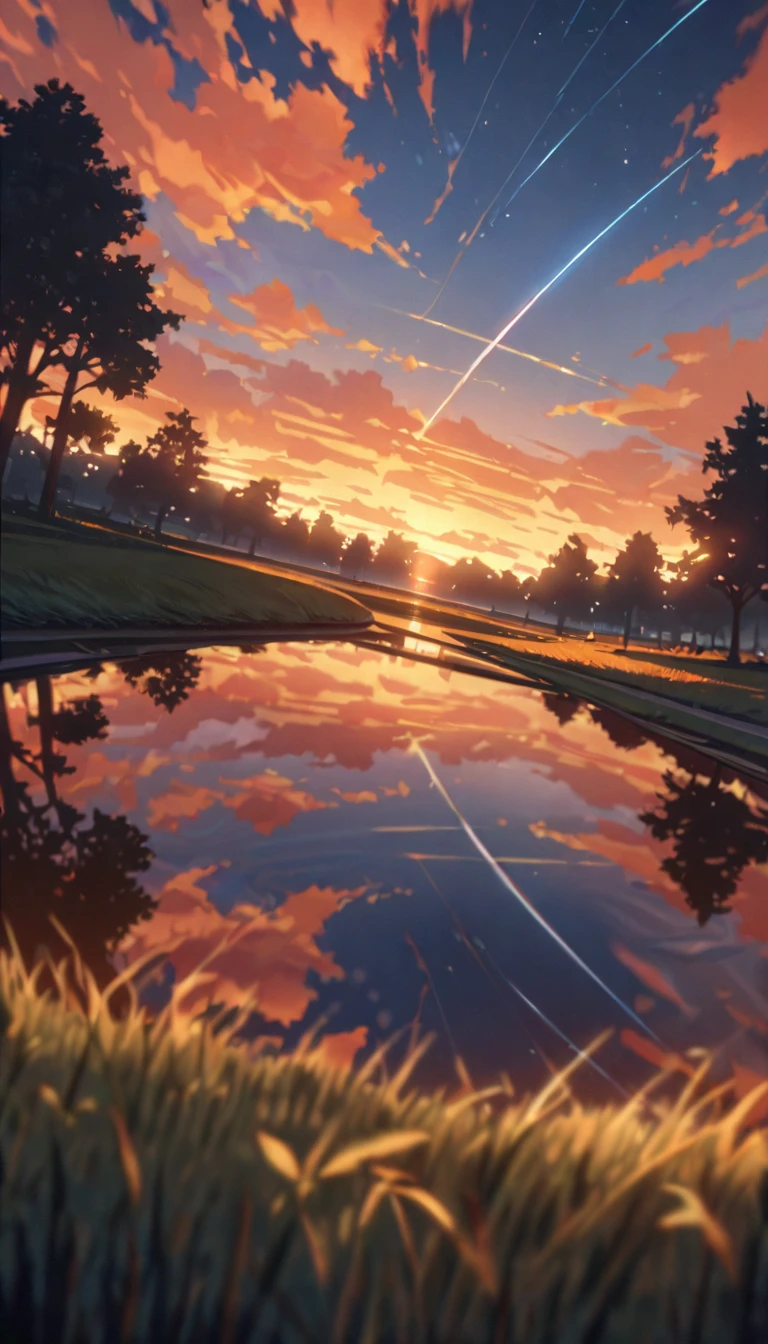  Summer, orange clouds, evening, suset, on the outskirts of the village
, Runway: 1.2, Trees, Shooting Star, Small Waterhole, Reflection, Shady,orange Sunlight, Wide Angle, High Resolution, Fine Detail, Ultra Detail, Sharp Focus, Perspective, Depth of Field, wide shot, atmospheric perspective, perspective, Best Quality, 8K, highres, award winning, super detail, masterpiece