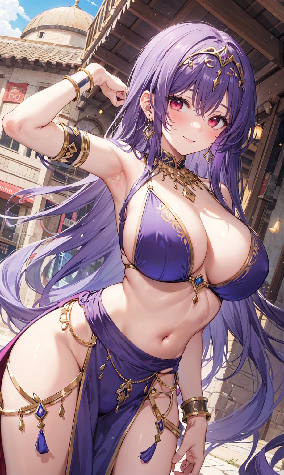 high quality, ultra detailed, best quality, insanely detailed, beautiful, masterpiece, 1girl, medieval plaza, cowboy shot, red eyes, long hair, purple hair, belly dancer, circlet, earrings, armlets, bracelets, bashful smile, large breasts, cleavage, soft stomach