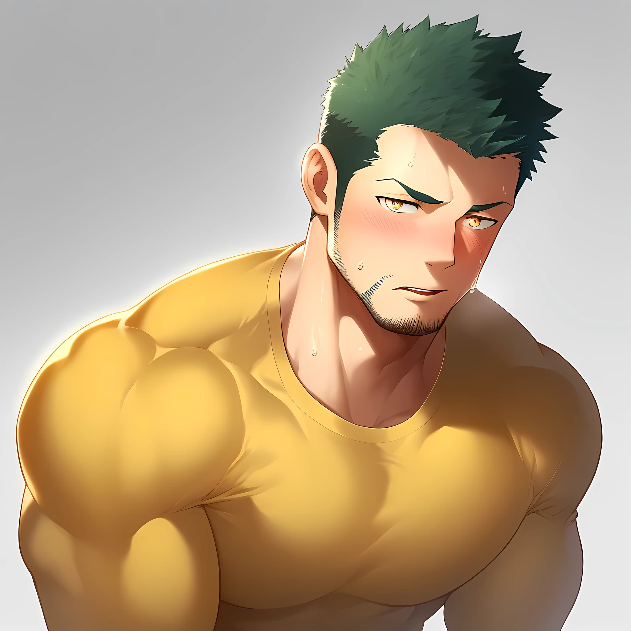 anime characters:Gyee, Priapus,Muscle Sports Student, 1 muscular tough guy, Manliness, male focus, Light yellow high collar long sleeve tight T-shirt, Very tight, The clothes were soaked with sweat, The pectoral muscles are oversized, Slightly transparent, muscular male, muscular, only, Upper body, alone, Black short hair, Thick eyebrows, stubble, Yellow eyes, Grey background, simple background, amazing quality, best aesthetics, Ridiculous, bright pupils, crew cut, parted lips, shy, blush, moaning, saliva trail, drop shadow, best quality