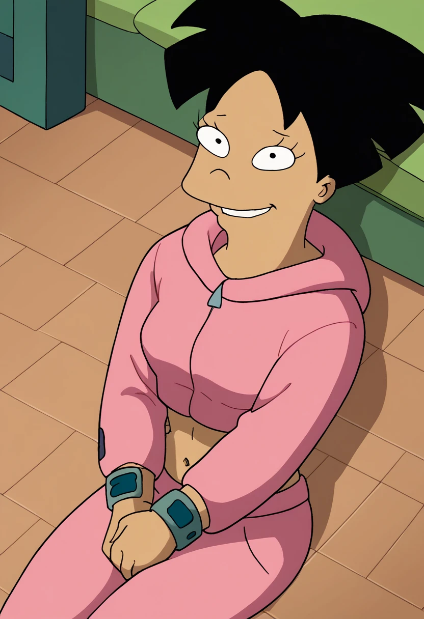 score_9, score_8_up, score_7_up, rating_explicit, zPDXL,amy wong, pink sweatsuit, circle eyes, overbite, dot pupil, source_cartoon, futuramastyle, 1girl, short hair, black hair,in college bedroom, sitting on floor, sexy, seductive smile, happy face, saliva, shy, pink hoodie, pink pants, open hoodie, white bra, bra lift, medium breasts, nipples, many boys around, big dick, many dicks, blowjob, saliva, swallow dick, fuck in mouth, girl grab boys dicks, dick deepthroat, open mouth, 