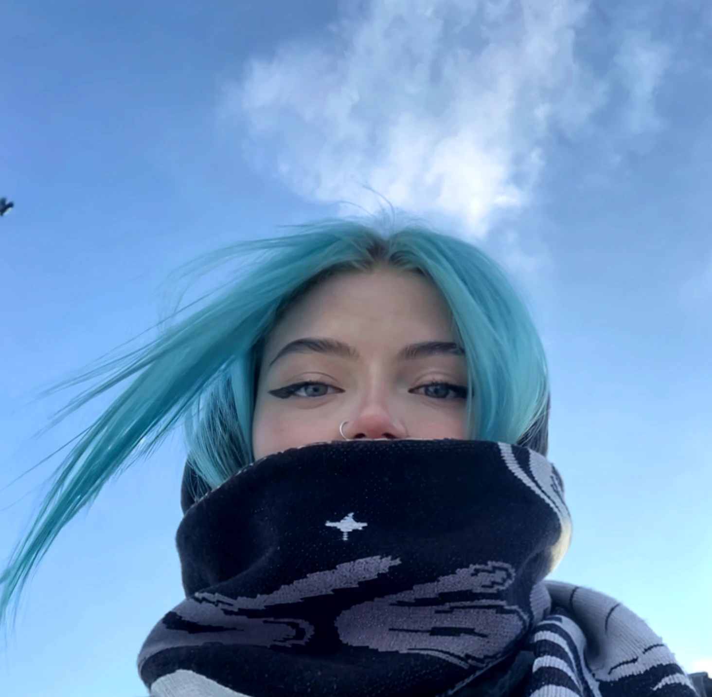 BLUE hair, nsfw, nude, 30 yo woman, fully exposed breasts, (large breasts:0.5), detailed beautiful face, ultra-detailed skin pores, imperfect skin, balmy sky, winter background, cloudy sky, ultra-detailed body, wearing ski goggle, wearing unzipped jacket, frontal pose, looking at viewer