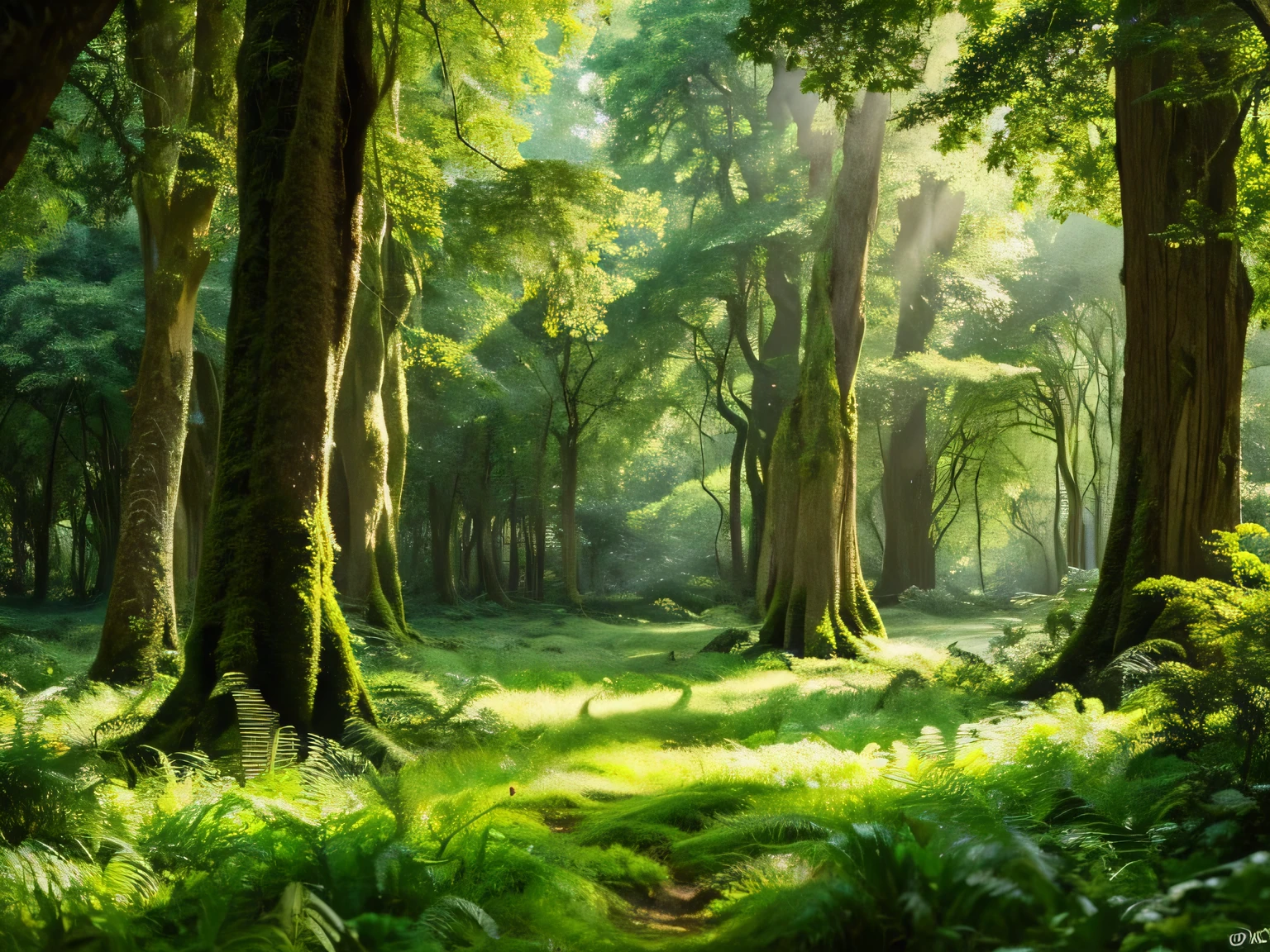 The lush and vibrant forest、It is full of countless textures: Rich moss floor, Weathered tree trunk, Green leaves dancing in the wind. This breathtaking image、It invites the viewer into a fascinating forest landscape., Depicted in a wonderful painting. The intricate details of the forest come to life in this high-resolution image, evoke a sense of wonder and awe.