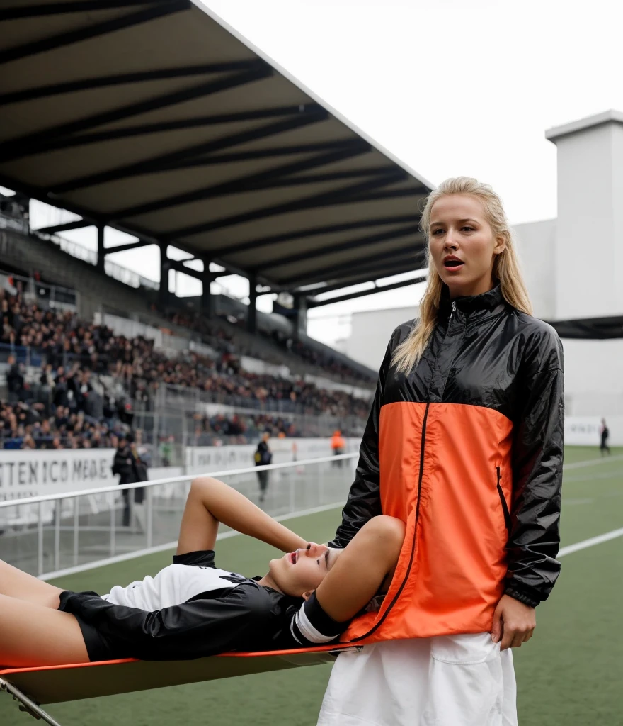 📷, soccer accident, sports injury, soccer match in a crowded stadium, injury scene, there is a sportsman in matte cotton sportswear lying injured on a stretcher, there is an injured sportsman in matte cotton sportswear lying on his side on a stretcher with a bandaged ellbow, an injured sportsman in matte cotton sportswear is lying on his side on a strecher being carried by an extrovert blond woman in a high shine long moncler coat, an injured sportsman is writhing in ecstasy on a stretcher while lying on his side, dramatic pity pose, there is a blond shouting and crying woman in a high-shine puffy coat, a high-shine black down coat, a long black moncler coat, a wetlook down coat, a wet black laquered coat, a excited screaming blond woman is wearing a wetlook black latex-coat, injured, medic, soccer action pose, affection pose, lecherous action pose, dramatic action pose, theatralic pose, there is an attractive woman that is carrying a sportsman in matte cotton sportswear, there is a beautiful woman in a shiny coat who is carrying a man on a stretcher, a longhaired beautiful woman in a high-shine black puffy coat, a longhaired woman in a shiny downcoat, a woman is carrying a shorthaired man in matte cotton sportswear on a stretcher, a weak man in spots shorts is consciousless and needs to be carried, a shorthaired man with a bandaged ellbow is carried away on a stretcher, a woman looks very scared and terrified, a sportsman in matte cotton sportswear is suffering very much on a stretcher, photo, photo shoot, photographed , accident, help, aid, first aid, pity