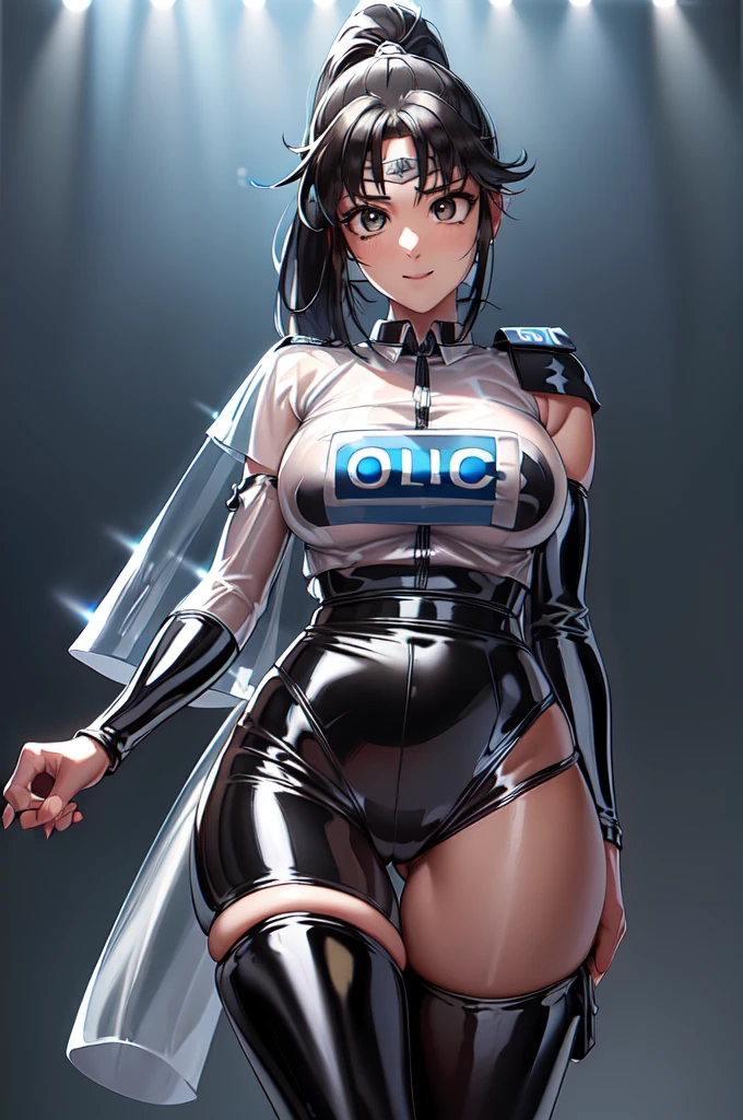 1girl,solo,(police:1.6),(police uniform:2.0),cowboy shot,standard height,standing,(black hair:1.4),long hair,ponytail,parted bangs, circlet, headband,(brown eyes:1.4),(beautiful fingers:1.6),(perfect anatomy:1.4),(arms_behind_back:1.6),(cold_shoulder:1.2),(latex luster shiny glossy metallic:1.4),(shiny_clothes:1.4),small breasts,masterpiece,best quality,(Ultra high definition eyes:1.2),8k,(Beautiful detailed eyes:1.2),(Fine and beautiful eyes:1.2),(pretty eyes:1.2),finely detail,extremely CG, absurdres,high resolution,illustration,Detailed and beautiful outlines,finely detail,high resolution,(colorful refraction:1.4,Increase saturation:1.2),beautiful lighting,dynamic lighting,closed room,black background,simple background, smile,looking at viewer,(white Clear PVC sheets sleeves:1.4),(sheer sleeves:1.4),(see-through sleeves:1.4),(wide sleeves:1.2),(blue thigh boots)