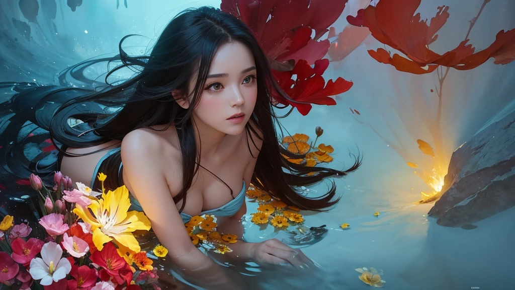 32k, Masterpiece, Highest quality, One girl, Detailed eyes, flower,gladiolus, Yellow and red style,A dreamy, romantic piece,Pale yellow, Mysterious Leaves,A playful arrangement,Fantasy,High Contrast,Ink strokes,explosion,Exposure, Impression of light blue and red tones,Abstract,((Watercolours by John Berkey and Jeremy Mann )) Brush strokes,Negative Space, Tyndall effect,