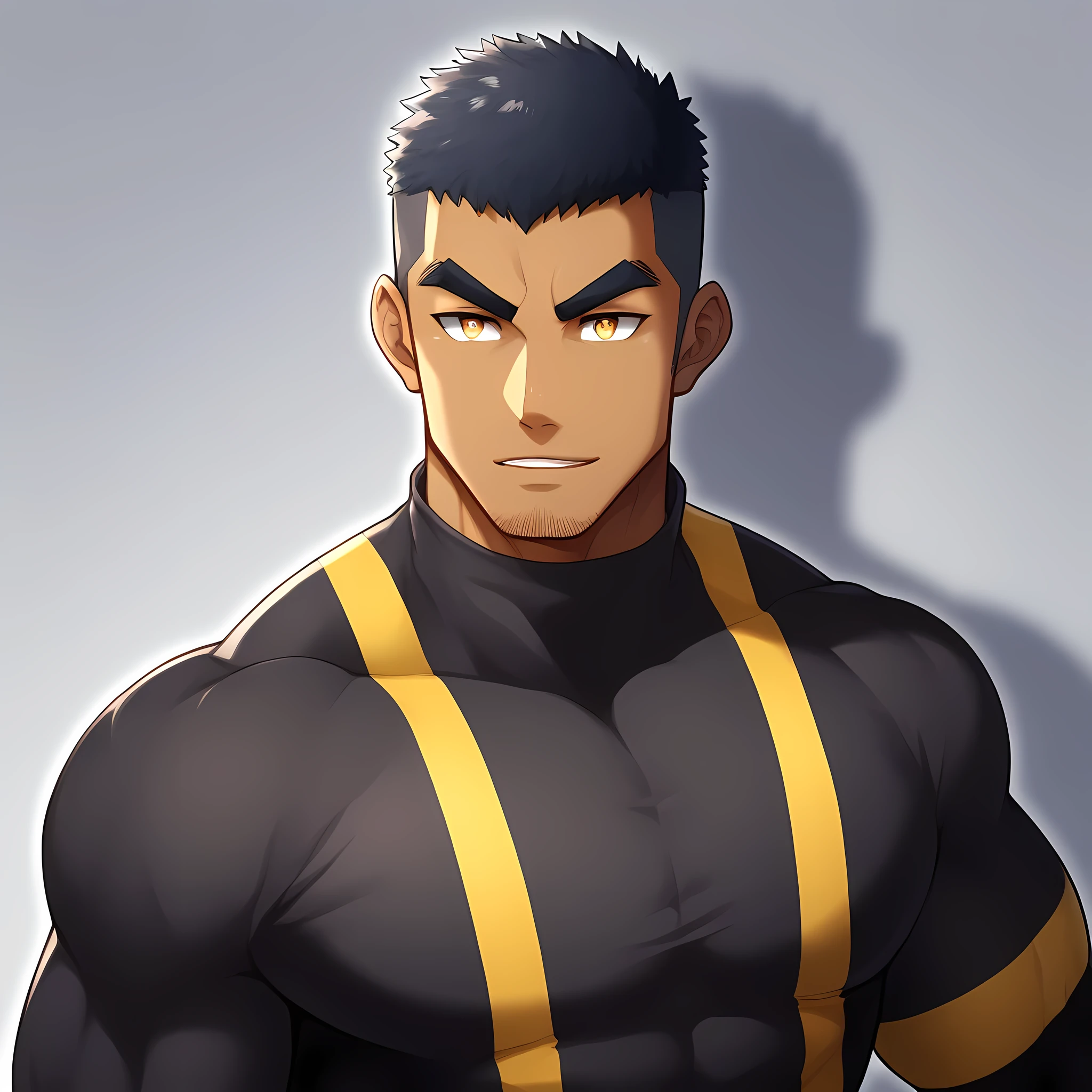 anime characters：Gyee, Muscle Sports Student, negro black skin, 1 dark skin muscular tough guy, Manliness, male focus, Yellow and black striped high collar long sleeve tight T-shirt, Slightly transparent material, Very tight, Round, full and perky chest muscles, Slightly transparent, muscular male, muscular, only, Upper body, alone, Black short hair, Thick eyebrows, stubble, Yellow eyes, Grey background, simple background, amazing quality, best aesthetics, Ridiculous, bright pupils, crew cut, parted lips, seductive smile, torogao, naughty face, drop shadow, best quality