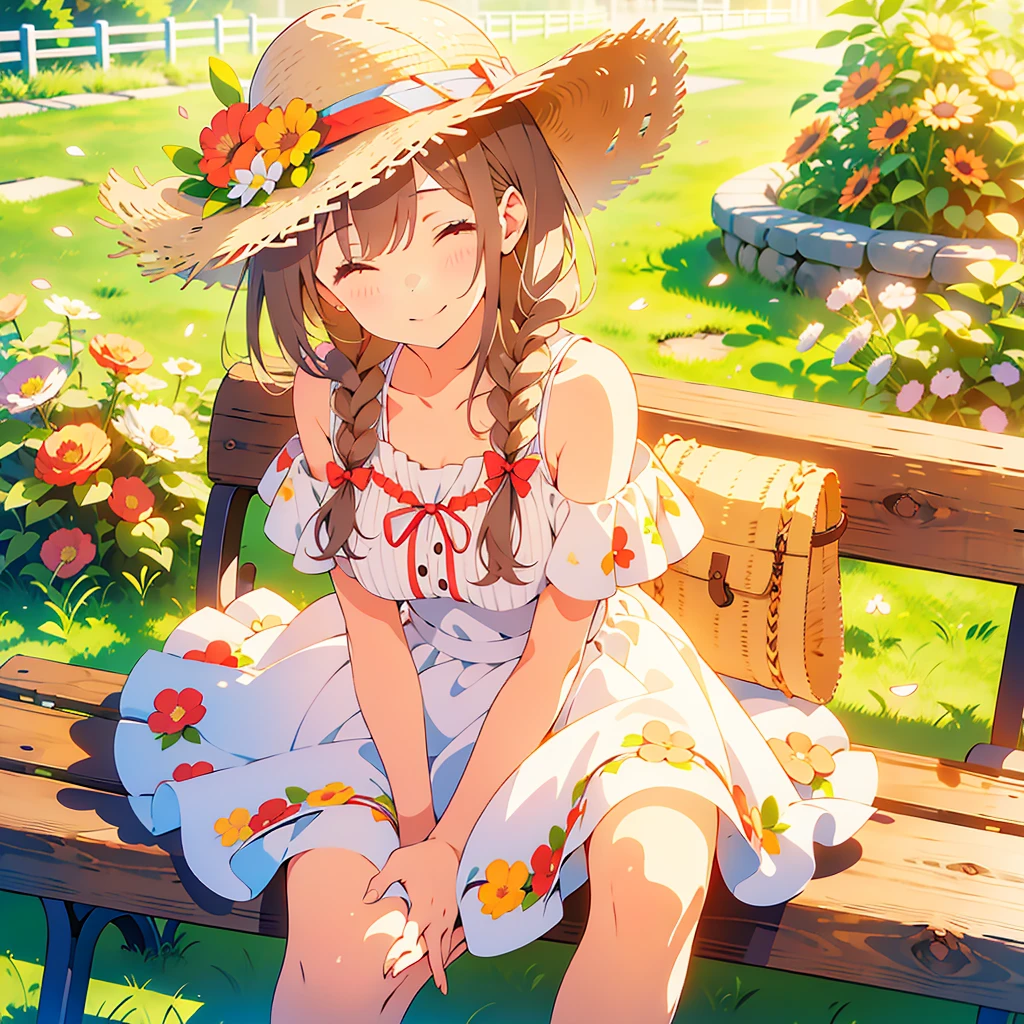 masterpiece, best quality, looking at viewer,
1girl, solo, smile, sitting, hat, shoulder cutout, braid, dress, brown hair, (closed eyes:1.1), twin braids, blush, long hair, bench, grin, grass, white dress, jewelry, clothing cutout, bangs, necklace, floral print, blurry, hand between legs, blurry background, between legs, bow, facing viewer, breasts, bare shoulders, sun hat, straw hat, day, collarbone, hair bow, short sleeves, feet out of frame, ribbon, brown headwear, on bench, depth of field, park bench, ^_^, hair over shoulder,
day, sky, flower field, petals,