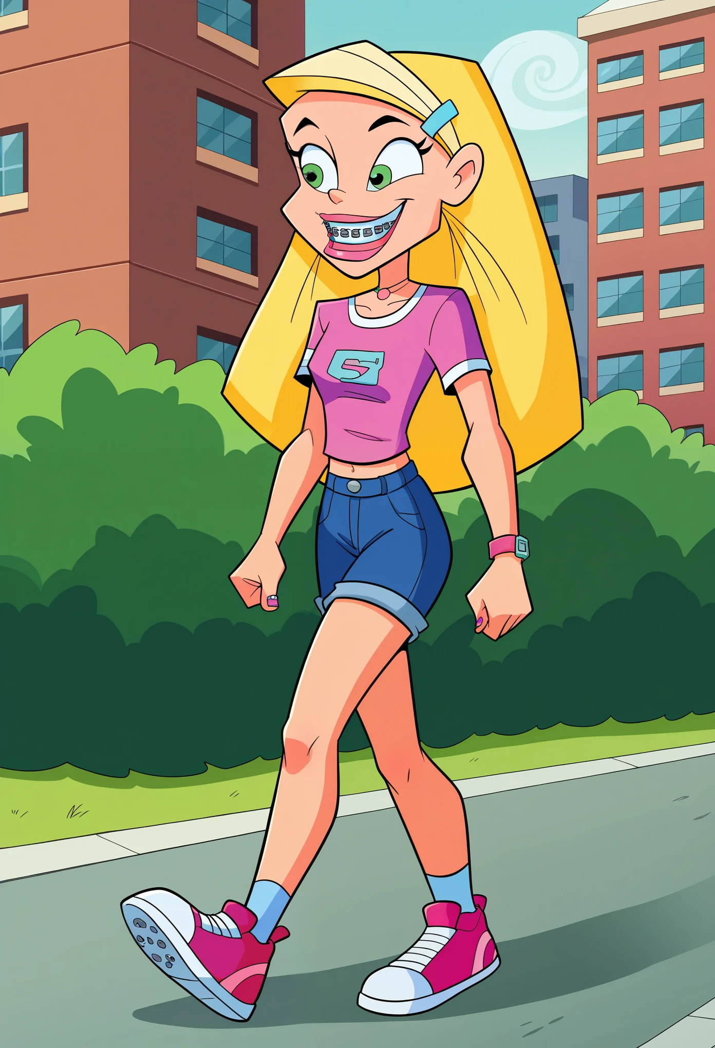 score_8, score_9, sharon, long hair, blonde hair, hairclip, smile, braces, 1 girl, solo, walking on the streets,