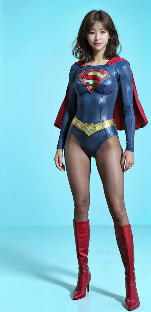 No background、(((Beautiful legs in black tights.)))、(((Legally express the beauty of your smile)))、((((Make the most of your original images)))、(((Supergirl Costume)))、(((Beautiful very short hair)))、(((suffering)))、(((Please wear black tights....、Wear red boots)))、((Best image quality、8K))、((Highest quality、8K、masterpiece:1.3))、(((Preserve background )))、Sharp focus:1.2、Beautiful woman with perfect figure:1.4、Slim Abs:1.2、Wet body:1.5、Highly detailed face and skin texture、8K