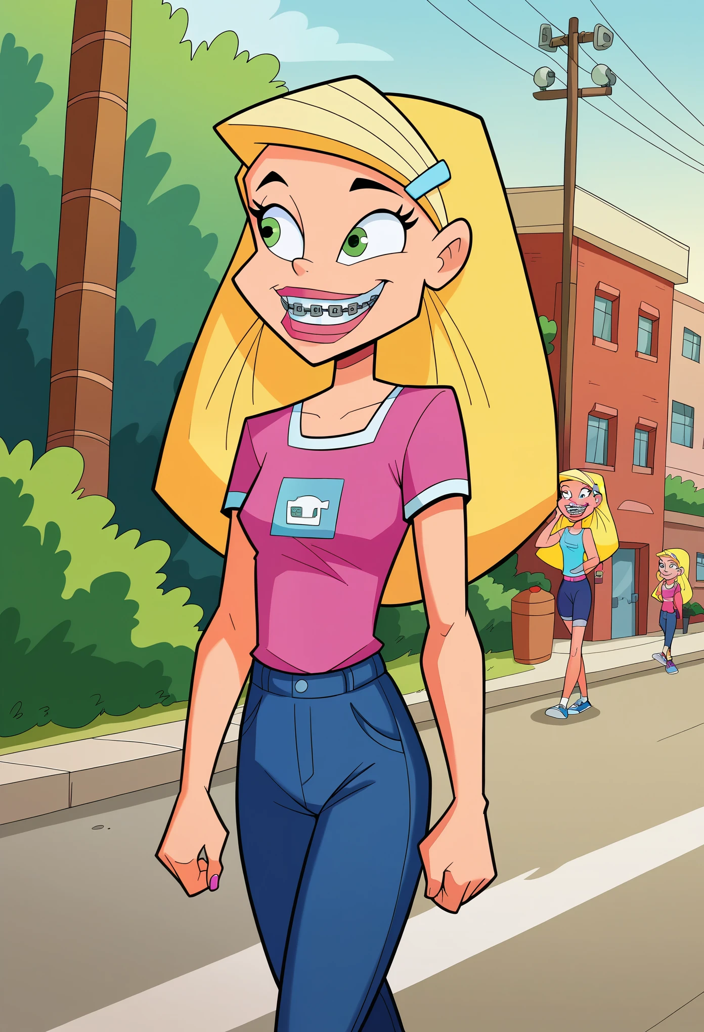 score_8, score_9, sharon, long hair, blonde hair, hairclip, smile, braces, 1 girl, solo, walking on the streets,