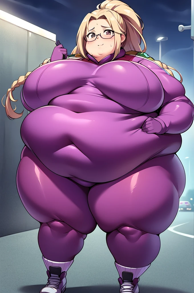 Anime Women, Lady、Forehead、Long braids、Afro、Glasses、Brown eyes、Are fat、Chubby、Sensual、obesity、Double chin、cheek、Fatty neck、Big Breasts、Saggy breasts、Thick upper arms、Fat belly、expensive、Dark purple unitard、Dark purple bodysuit、sneakers、Gloss、Sweat、Embarrassing、Busy Street