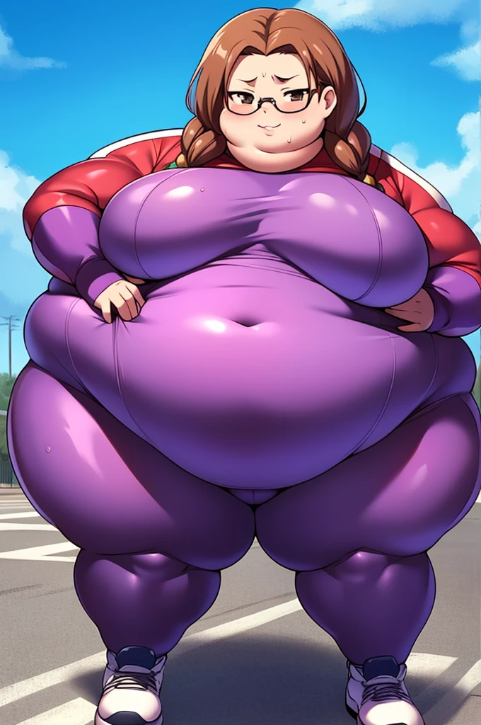 Anime Women, Lady、Forehead、Long braids、Afro、Glasses、Brown eyes、Are fat、Chubby、Sensual、obesity、Double chin、cheek、Fatty neck、Big Breasts、Saggy breasts、Thick upper arms、Fat belly、expensive、Dark purple unitard、Dark purple bodysuit、sneakers、Gloss、Sweat、Embarrassing、Busy Street