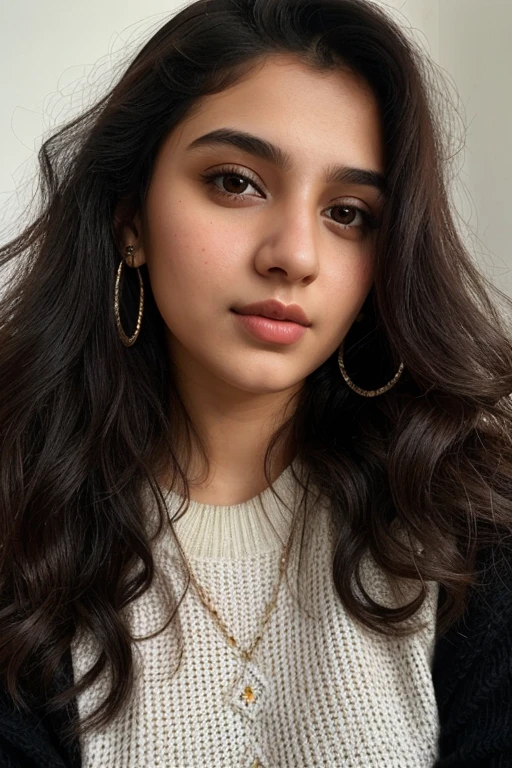 instagram photo, 21yo russian woman, long more curly hair, black hair, closeup portrait, sweater, pale, hard shadows, best Indian Version Girl, realistic,