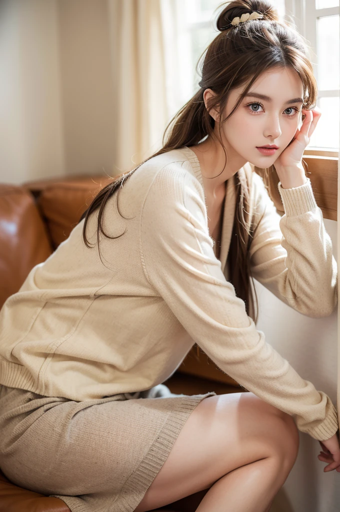 Emily is a 23-year-old girl，has light brown hair, Usually tied in a bun or ponytail. Her eyes are green，Expressive, Conveys her gentle and warm personality. She is of average height, Approx. 1.65 minutes, Benefit from regular exercise，Slim and stylish. Emily likes to dress simply and comfortably, Wear practical clothes, Long-sleeved shirts and neutral colors. She usually wears light makeup, Love the natural look. best quality, Realistic photos, 32 thousand.  