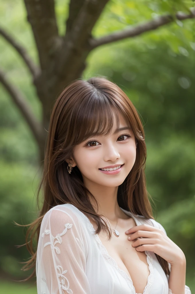 (RAW photo, best quality), (realistic),photo, best quality ,masterpiece, an extremely delicate and beautiful, extremely detailed, CG ,unity, 2k wallpaper, finely detail, masterpiece, best quality, huge filesize, ultra-detailed, highres, brown eyes, 1girl, solo, slim body, looking at viewer, extremely detailed face, extremely detailed eyes, rainy, breasts, nature, looking at viewer, tied hair, bangs, brown hair, ((grin)), chewy, tzuyu, 