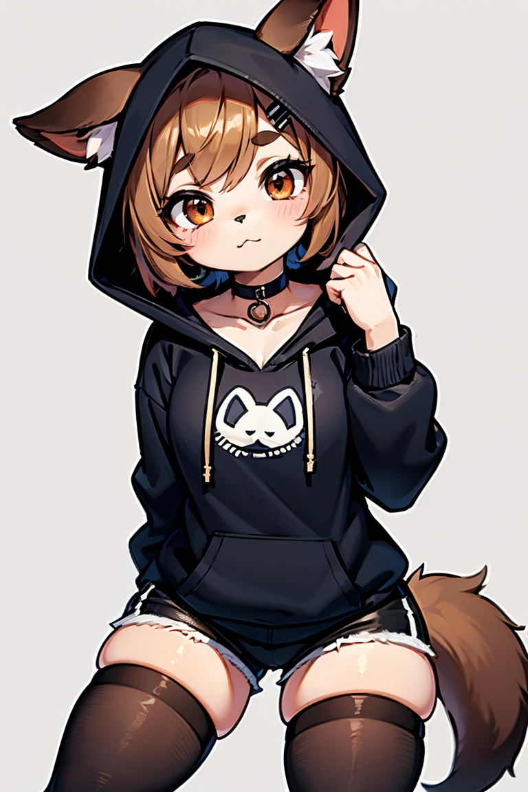 typh mimi, dog girl, latte color fur, short hair, choker, black sweatshirt, 2d, dolphin_shorts, hoodie, hood, thighhighs, hood down, choker, 1girl, black choker, solo, shorts, brown hair, black hoodie, thick thighs, drawstring, brown eyes, black legwear, simple background, white background, black shorts, dog ears, droopy downies dog ear, short shorts, hooded jacket, hair ornament, thighs, thick eyebrows, medium hair, cowboy shot, latte skin color, dynamic pose, dynamic angle