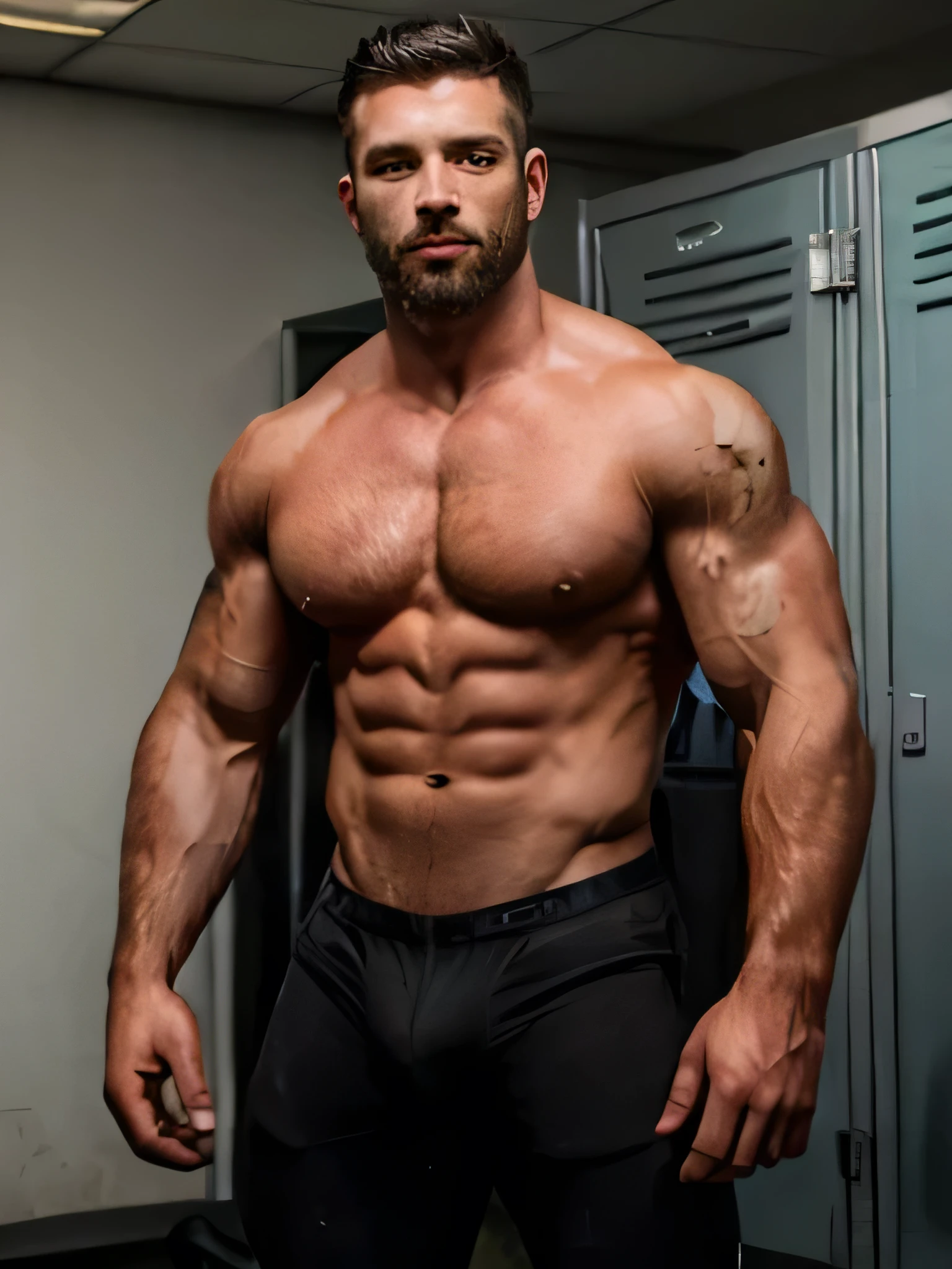 a muscular shaved wrestler with beard, wearing a black spandex wrestlersuit, highly detailed, hyperrealistic, 8k, masterpiece, chiaroscuro lighting, dramatic shadows, hyper detailed musculature, veiny skin, glistening sweat, intense expression, vibrant colors, alone in a locker room gym