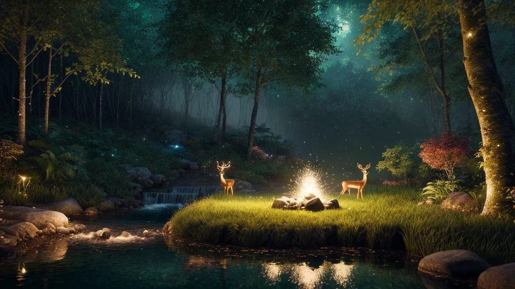 Masterpiece, best quality, (very detailed CG unity 8k wallpaper), (best quality), (best illustration), (best shadows), glow sprite, with a glowing deer, in the swimming pool Drinking water, natural elements in the forest theme. Mysterious forest, beautiful forest, nature, surrounded by flowers, delicate leaves and branches surrounded by fireflies (natural elements), (jungle theme), (leaves), (twigs), (fireflies), (particle effects) etc. 3D , Octane rendering, ray tracing, super detailed --v6
