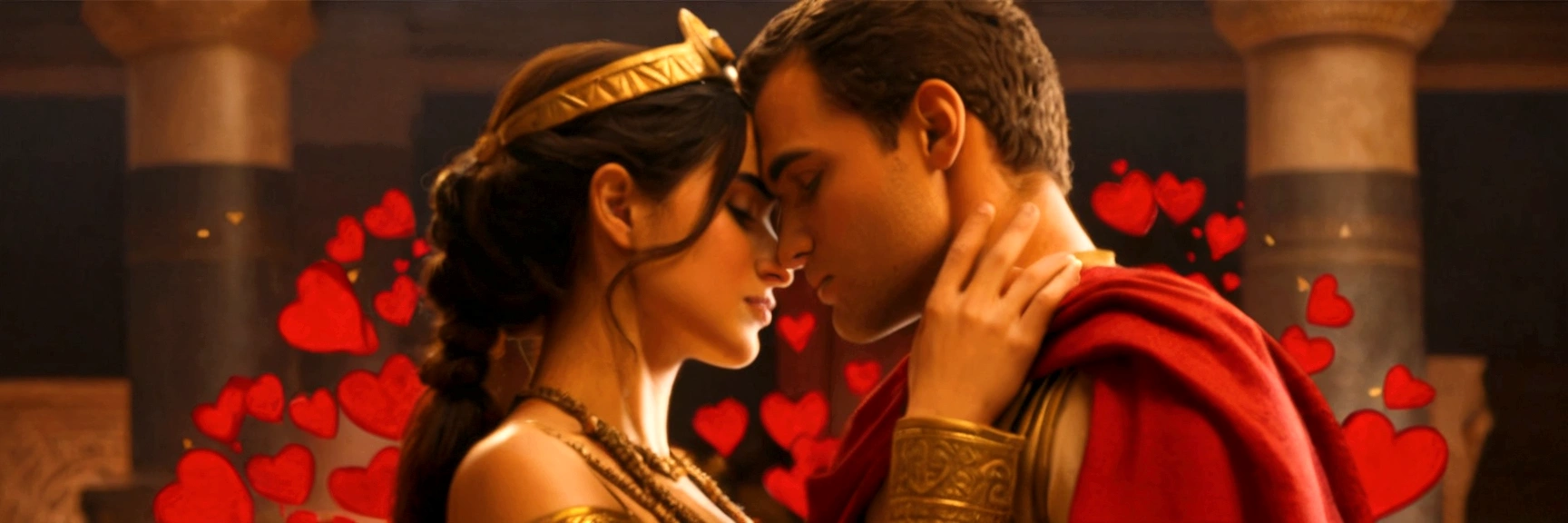 The thumbnail features a romantic, historical scene with two prominent figures, a woman and a man, in a moment of deep emotional connection. The woman is dressed extravagantly in a golden dress and elaborate accessories, like an Egyptian diadem, indicating their position of power and royalty. Her hair is styled in a sophisticated style that complements her regal appearance.. The man next to her is dressed in a red Roman tunic and a cape., symbolizing his role as a military leader or authority figure in Ancient Rome.
They are in an intimate posture, with their foreheads almost touching, suggesting a moment of passion and vulnerability. The environment in the background has grand columns, reminiscent of a scene from an ancient palace or temple, adding a touch of majesty and history to the image.
Bright red hearts float around the couple, accentuating the central theme of love and romance. As palavras "history of love" are in large, vibrant letters at the bottom of the image. As palavras "history" are in hot pink, mens "of love" It's in bright yellow, standing out against the dark background and drawing the viewer's attention to the passionate theme of the content.
This image evokes a sense of epic romance, interweaving story elements, power and passion, promising an engaging narrative about a legendary and emotional relationship.