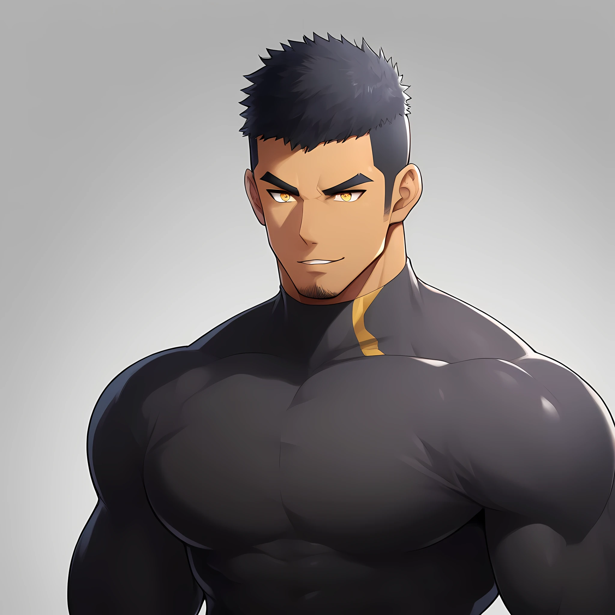 anime characters：Gyee, Muscle Sports Student, ????? black skin, 1 dark skin muscular tough guy, Manliness, male focus, Yellow and black striped high collar long sleeve tight T-shirt, Slightly transparent material, Very tight, Round, full and perky chest muscles, Slightly transparent, muscular male, muscular, only, Upper body, alone, Black short hair, Thick eyebrows, stubble, Yellow eyes, Grey background, simple background, amazing quality, best aesthetics, Ridiculous, bright pupils, crew cut, parted lips, seductive smile, torogao, naughty face, drop shadow, best quality