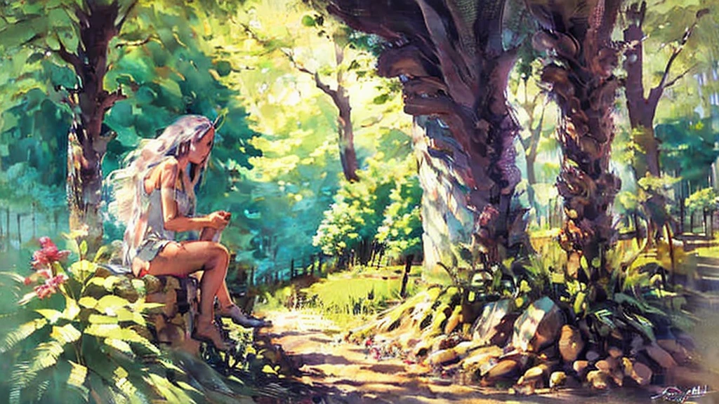 A long-haired girl next to a winged unicorn in the forest,alchemy,