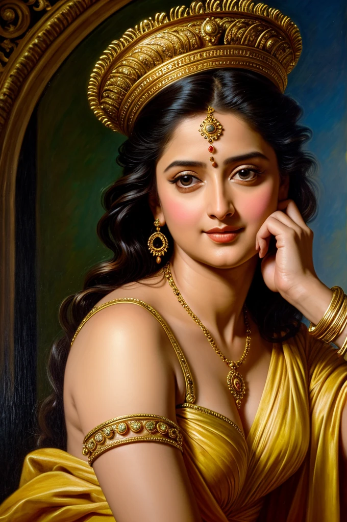Looks like Anushka Shetty, (solo), Masterpiece, Best quality, high clarity eyes, beautifully styled hair, critically flawless,sharp picture, Full portrait, High pixels, perfect face, perfect eyes, beautiful face, perfect hands,perfect fingers, in Peter Paul Rubens style, by Peter Paul Rubens, baroque style, acrylic on canvas, highly detailed, description: "Create a nymph inspired by the tales of Greek or Roman mythology, embodying the essence of a natural element or location, and possessing a unique ability or trait that sets her apart."