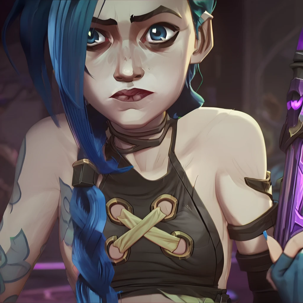 arcane, jinx, blue eyes, weave, Blue hair, very long hair, bangs, lipstick, eyeshadows, freckles, upper body, Topless , jinx (League of Legends), Shoulder Tattoo, hold a weapon, perfect breast